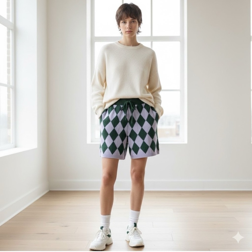 Nordstrom Vintage Style Diamond Knit Shorts Purple Green Sweater Shorts XSMALL